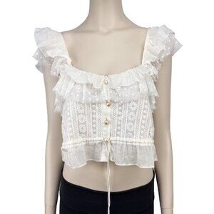 THE KOOPLES Feminine Embroidered White Ruffled Crop Sheer Blouse Frilled Top S